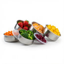 Tigelas inox armazenamento cozinha com frutas e vegetais frescos organizados para armazenamento eficiente.